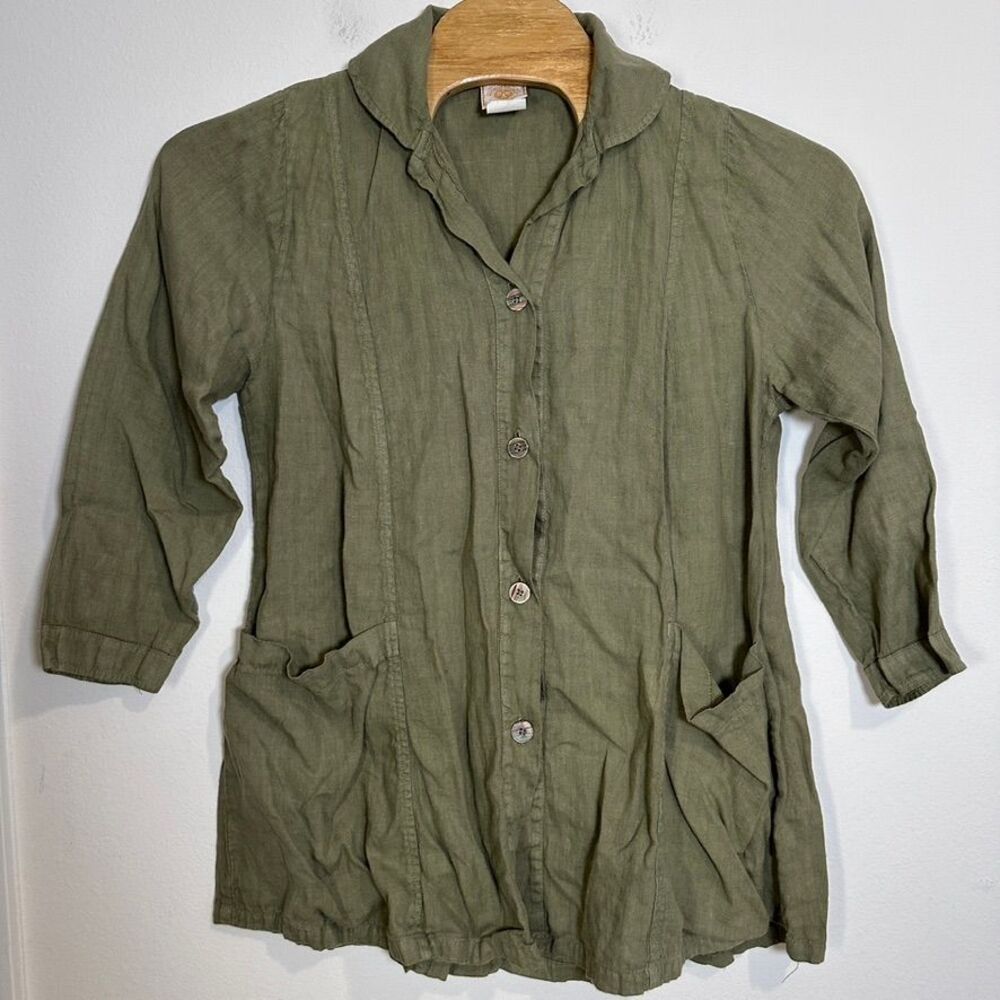 Tom‎ Tom Olive Green 100% Linen Button Down Artist Coat Jacket S Small